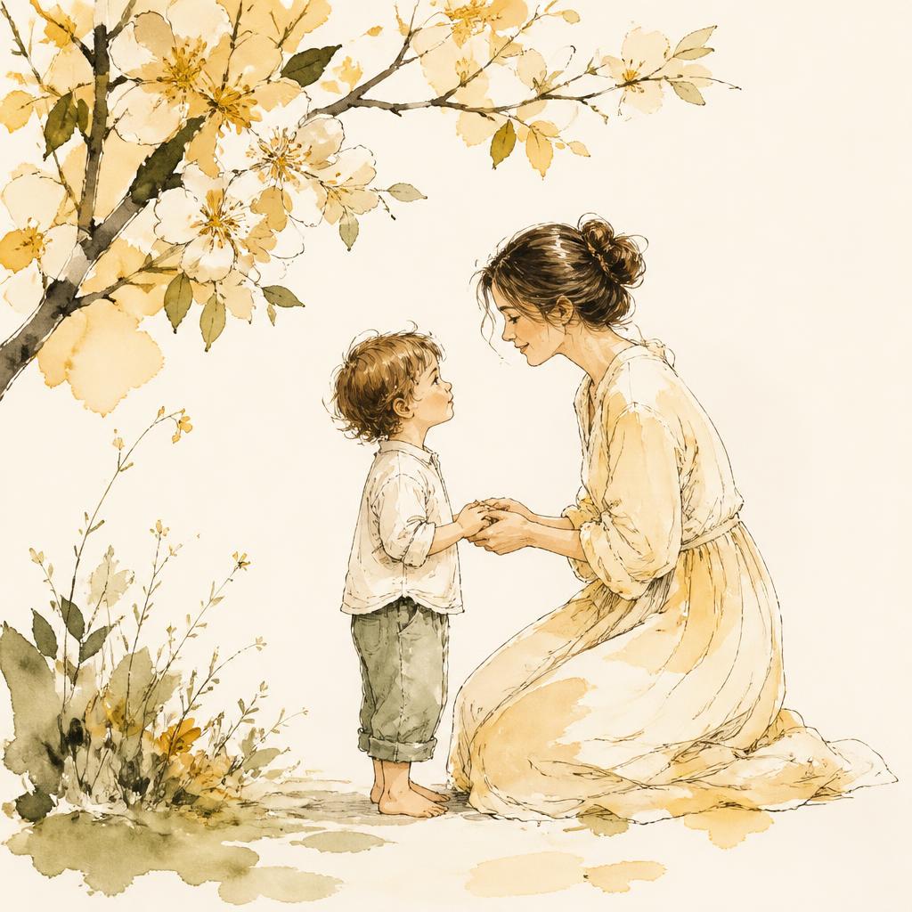 Whimsical watercolor doodle of a mother holding her child's hand under a blooming branch